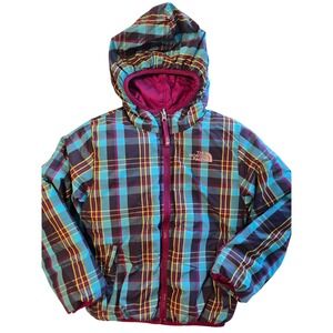 NorthFace Girls Reversible 550 Fill Down Puffer Jacket Teal Plaid Pink Size XS 6